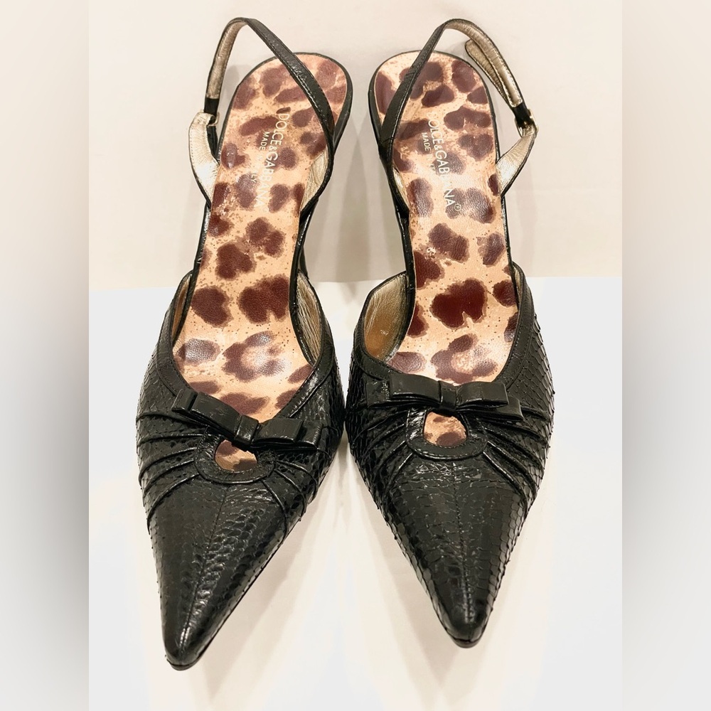 NWOT DOLCE & GABBANA Vintage Black Bow Snakeskin Textured Pointed Kitten Heels